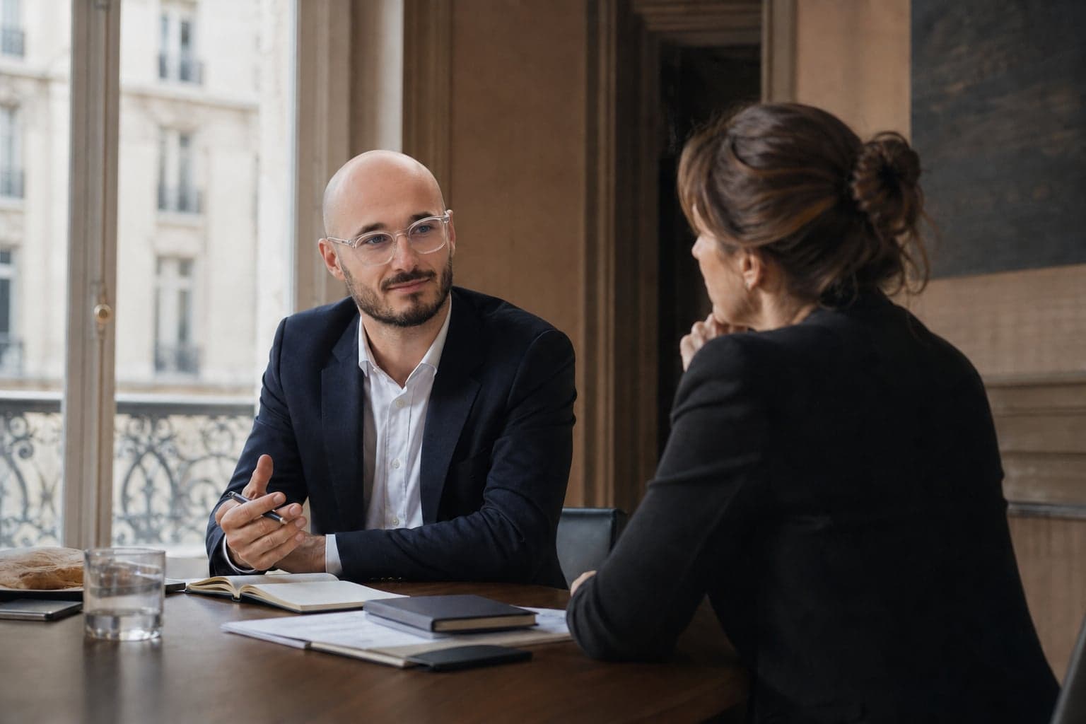 Un consultant Lumeni échange avec une professionnelle autour d’une table.